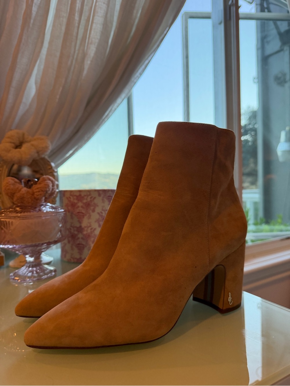 Sam Edelman Tan Suede Pointed Toe Block Heel Ankle Boots